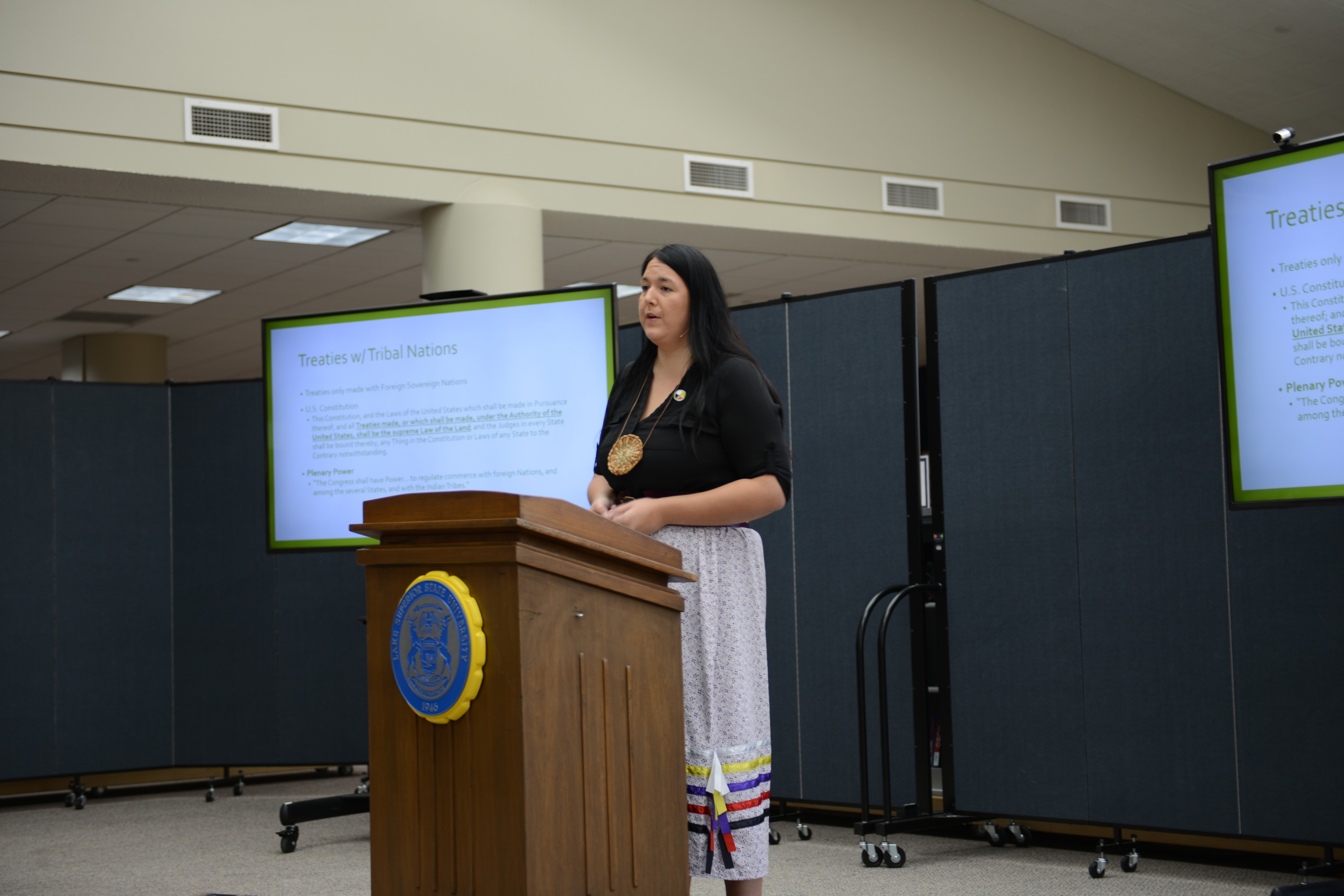 Bay Mills Indian Community Executive Council President Whitney Gravelle speaks at LSSU